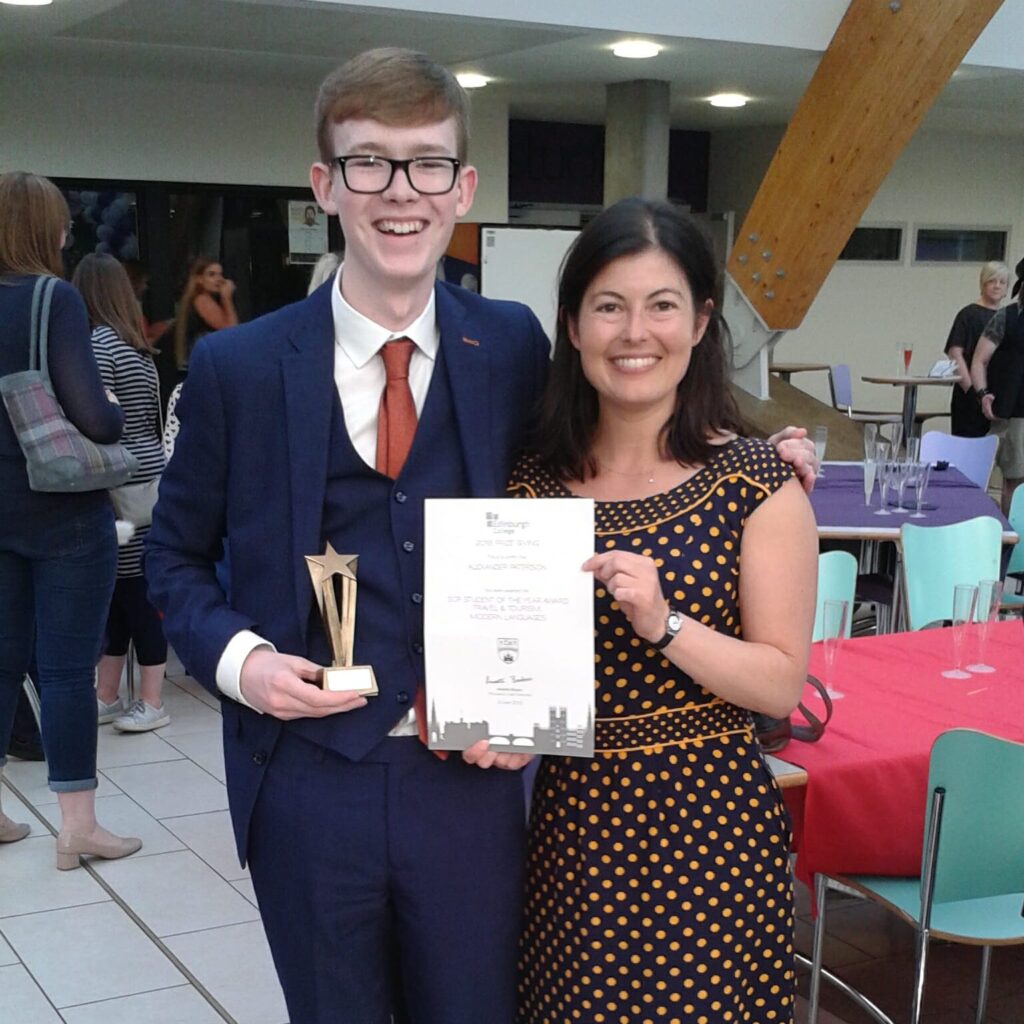 A picture of myself and Caroline Cordier, my French tutor at Edinburgh College, after receiving the SCP Student of the Year in Modern Languages in 2018